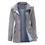 Gray Women's Rain Jacket With Hood — Evelyn Lightweight Drawstring Waterproof - Front Open