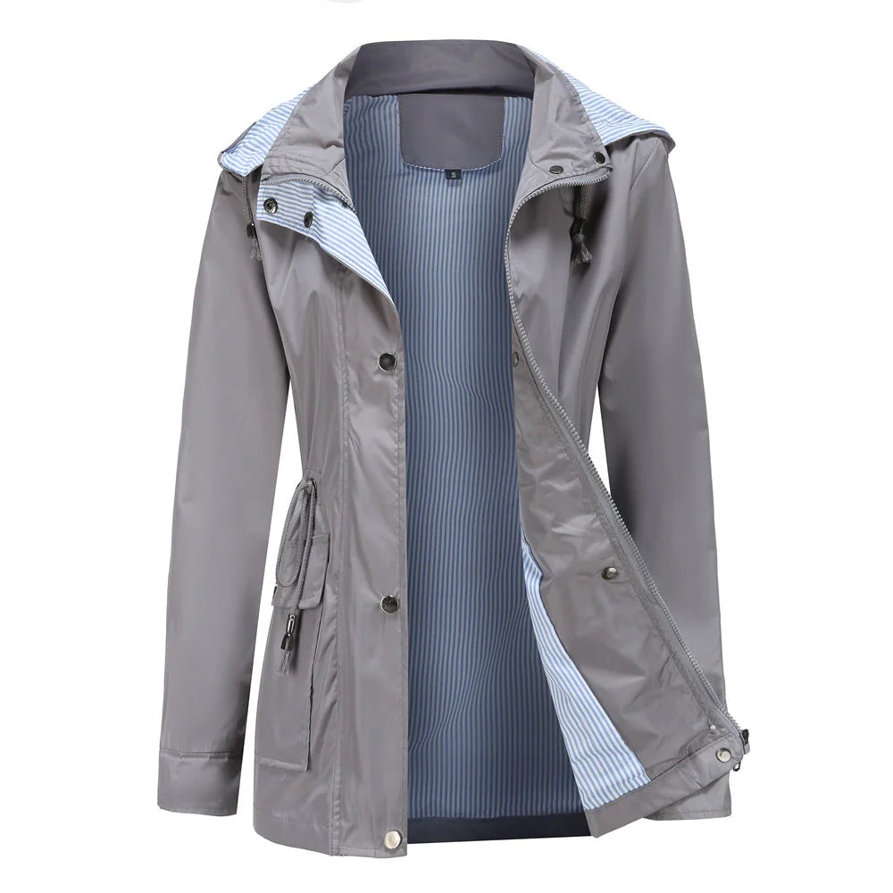 Gray Women's Rain Jacket With Hood — Evelyn Lightweight Drawstring Waterproof - Front Open