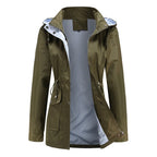 Green Women's Rain Jacket With Hood — Evelyn Lightweight Drawstring Waterproof - Front Open