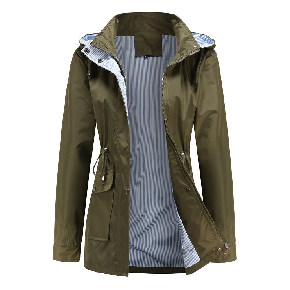 Green Women's Rain Jacket With Hood — Evelyn Lightweight Drawstring Waterproof - Front Open