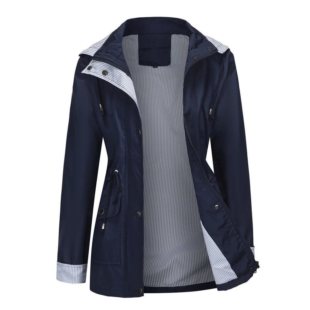 Navy Women's Rain Jacket With Hood — Evelyn Lightweight Drawstring Waterproof - Front Open