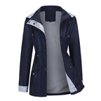 Navy Women's Rain Jacket With Hood — Evelyn Lightweight Drawstring Waterproof - Front Open