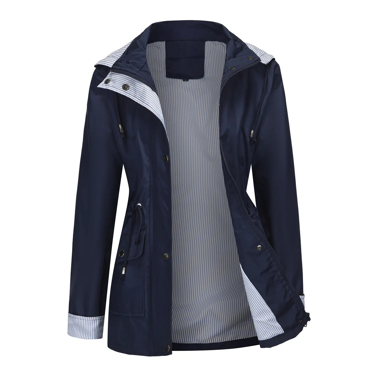 Navy Women's Rain Jacket With Hood — Evelyn Lightweight Drawstring Waterproof - Front Open