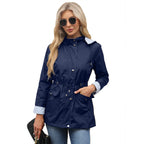 Navy Women's Rain Jacket With Hood — Evelyn Lightweight Drawstring Waterproof - Lifestyle Pose