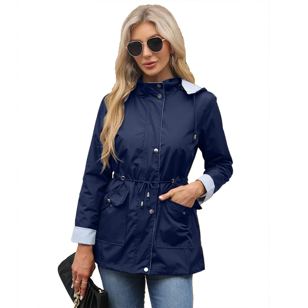 Navy Women's Rain Jacket With Hood — Evelyn Lightweight Drawstring Waterproof - Lifestyle Pose
