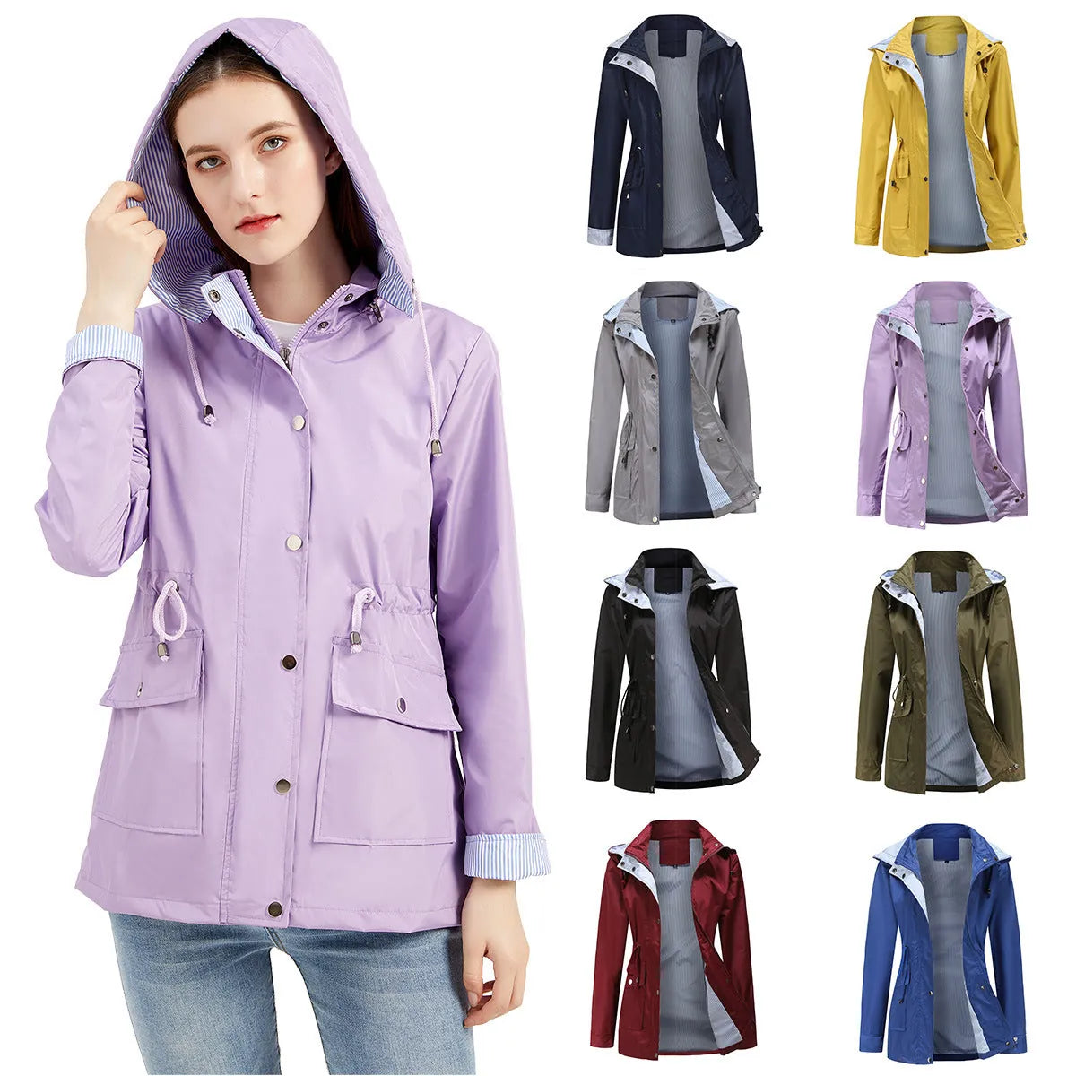 Purple Women's Rain Jacket With Hood — Evelyn Lightweight Drawstring Waterproof - Color Swatch Grid