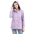 Purple Women's Rain Jacket With Hood — Evelyn Lightweight Drawstring Waterproof - Front Hood Adjust
