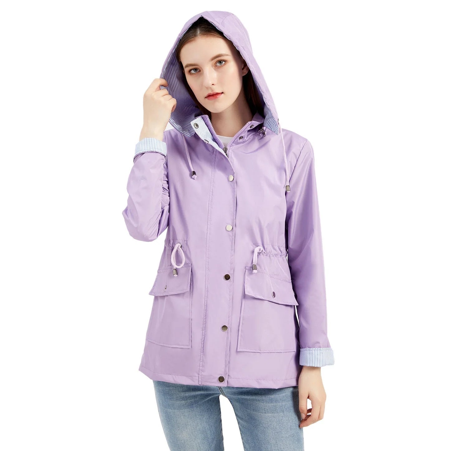 Purple Women's Rain Jacket With Hood — Evelyn Lightweight Drawstring Waterproof - Front Hood Adjust