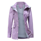Purple Women's Rain Jacket With Hood — Evelyn Lightweight Drawstring Waterproof - Front Open