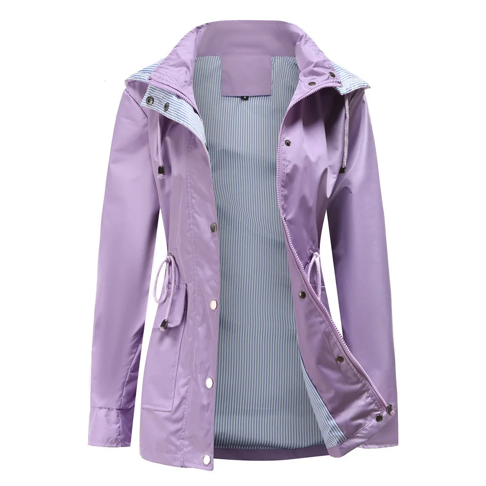 Purple Women's Rain Jacket With Hood — Evelyn Lightweight Drawstring Waterproof - Front Open