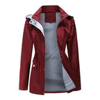 Red Women's Rain Jacket With Hood — Evelyn Lightweight Drawstring Waterproof - Front Open