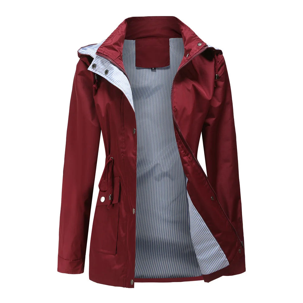 Red Women's Rain Jacket With Hood — Evelyn Lightweight Drawstring Waterproof - Front Open