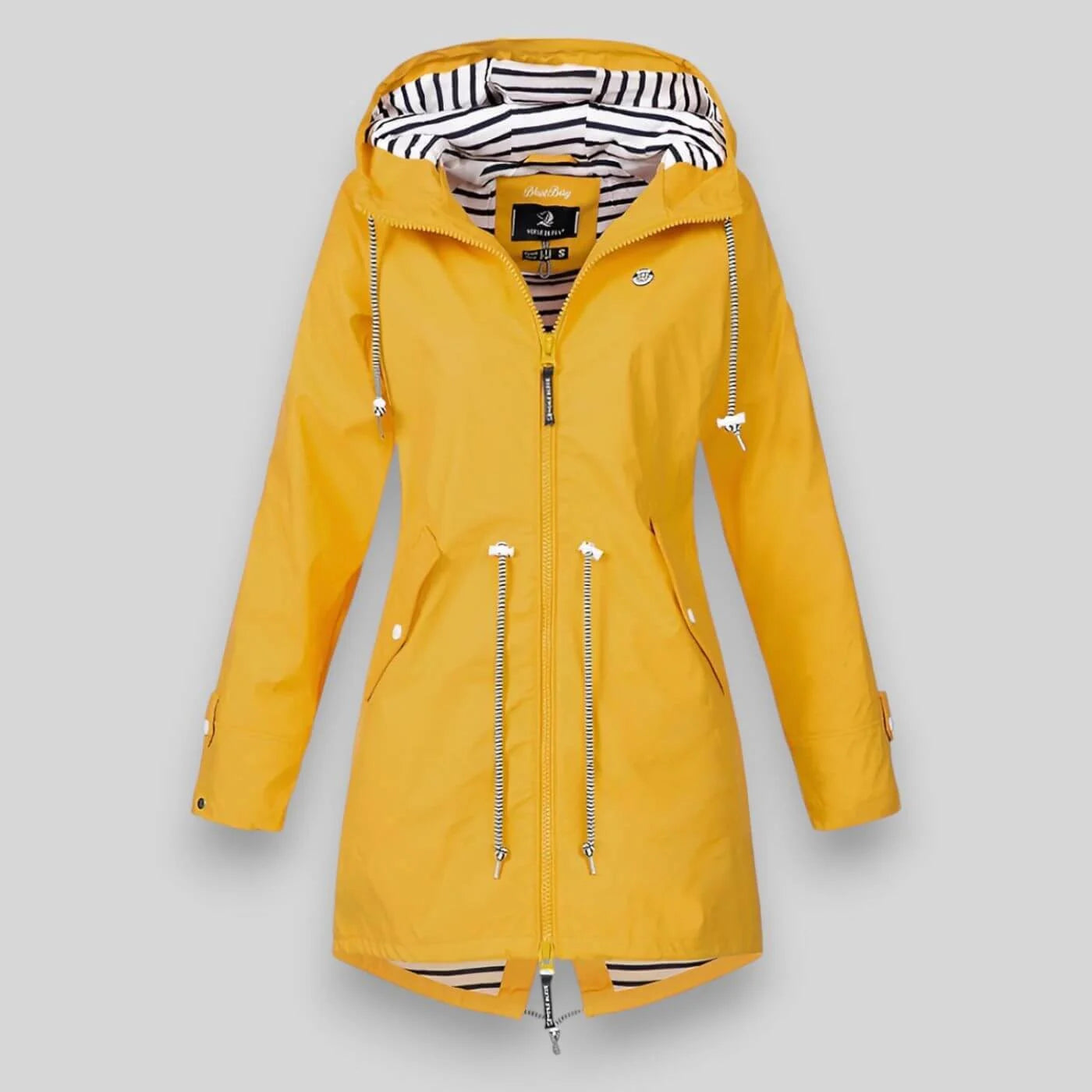 Yellow Women's Hooded Rain Jacket — Lyra Everyday Drawstring Anorak - Front Hood Open