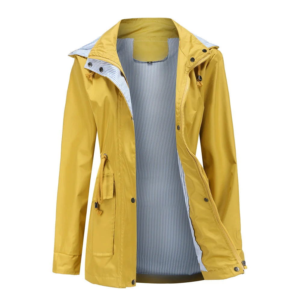 Yellow Women's Rain Jacket With Hood — Evelyn Lightweight Drawstring Waterproof - Front Open