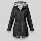 Black Women's Raincoat With Hood - Front Hood Up