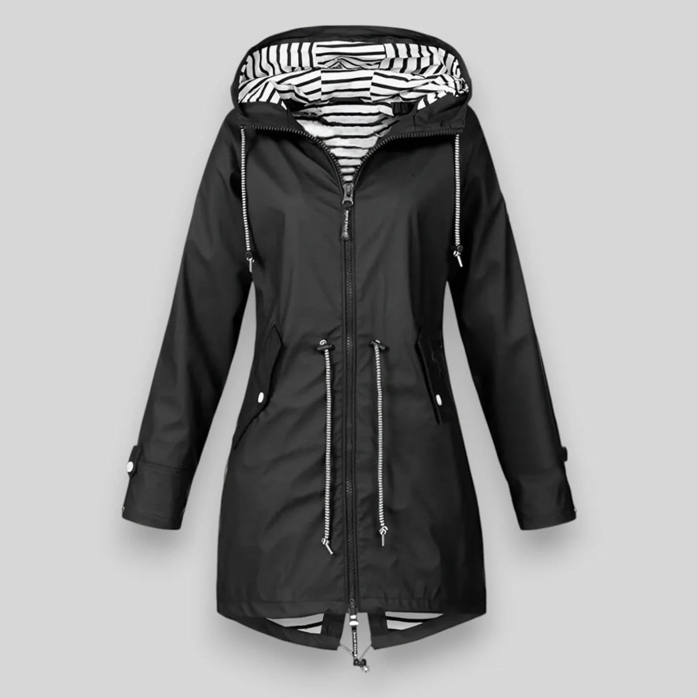 Black Women's Raincoat With Hood — Josephine Lightweight Drawstring Longline - Front Hood Up