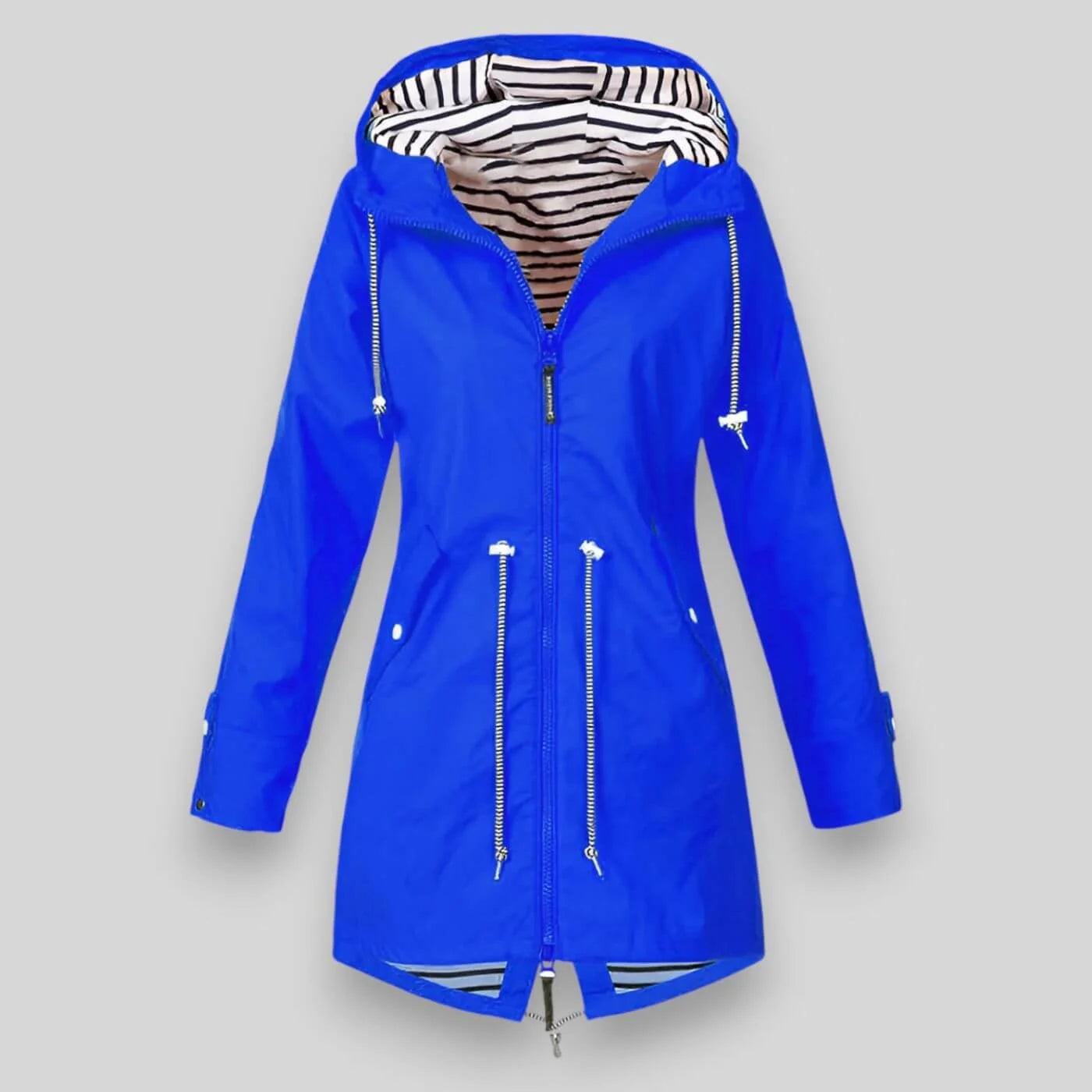 Blue Women's Raincoat With Hood — Josephine Lightweight Drawstring Longline - Front Flatlay