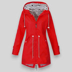 Red Women's Raincoat With Hood - Front Zipped