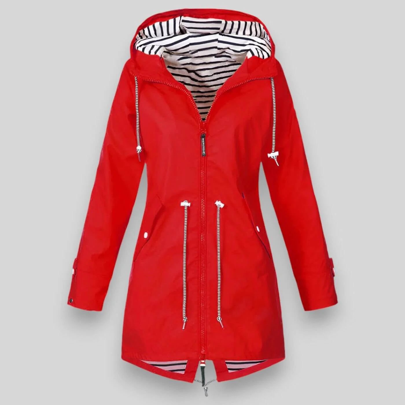 Red Women's Raincoat With Hood — Josephine Lightweight Drawstring Longline - Front Zipped