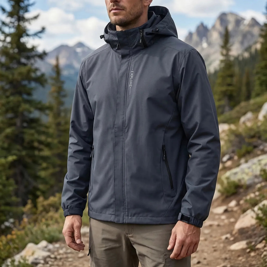 Gray Men's Hooded Waterproof Rain Jacket — Rhiannon Nylon Zip Pockets Windproof - Front Full Outdoor