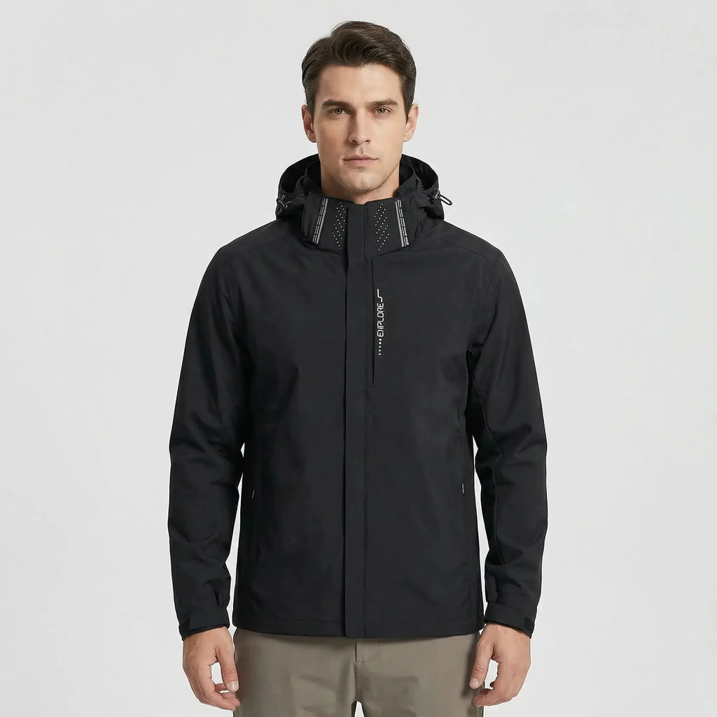 Gray Men's Hooded Waterproof Rain Jacket — Rhiannon Nylon Zip Pockets Windproof - Front Full Studio Dark