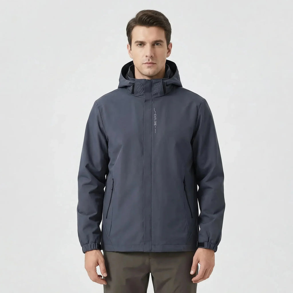 Gray Men's Hooded Waterproof Rain Jacket — Rhiannon Nylon Zip Pockets Windproof - Front Full Studio