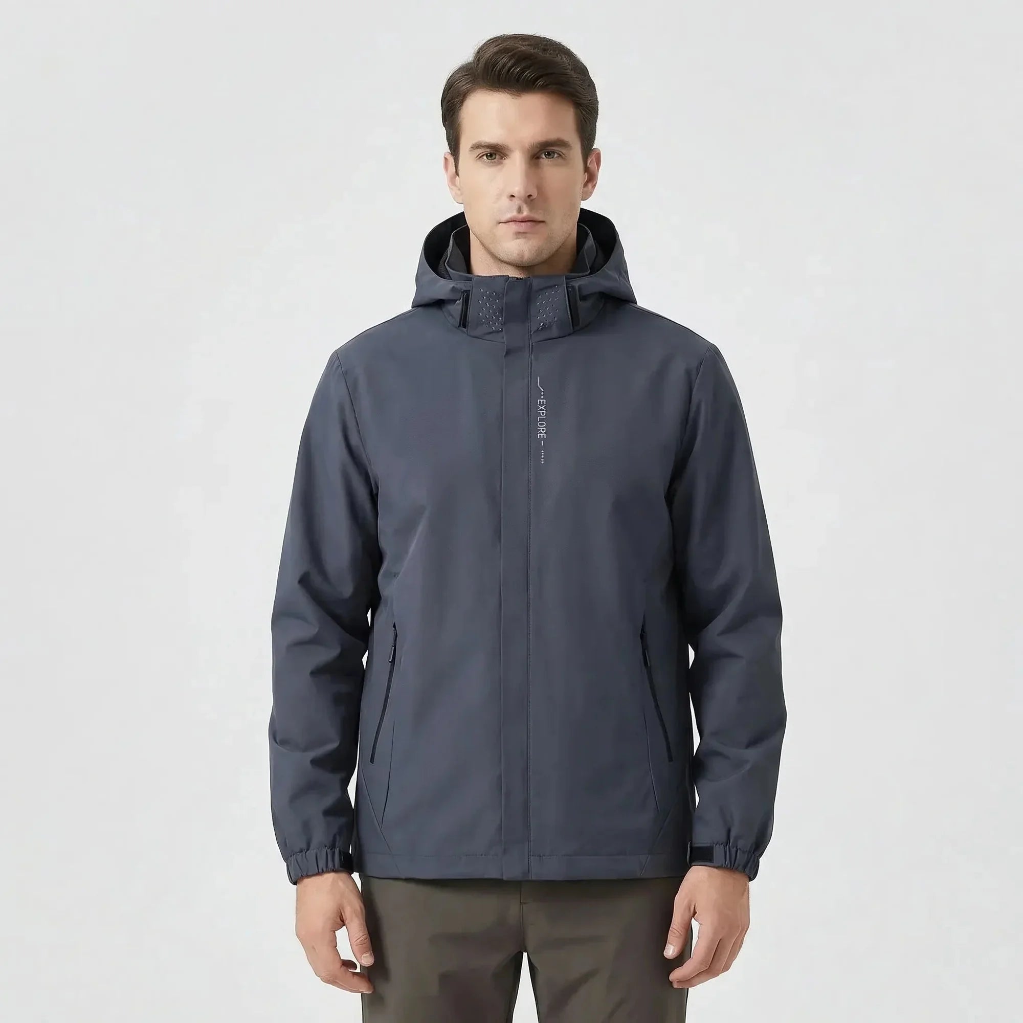Gray Men's Hooded Waterproof Rain Jacket — Rhiannon Nylon Zip Pockets Windproof - Front Full Studio