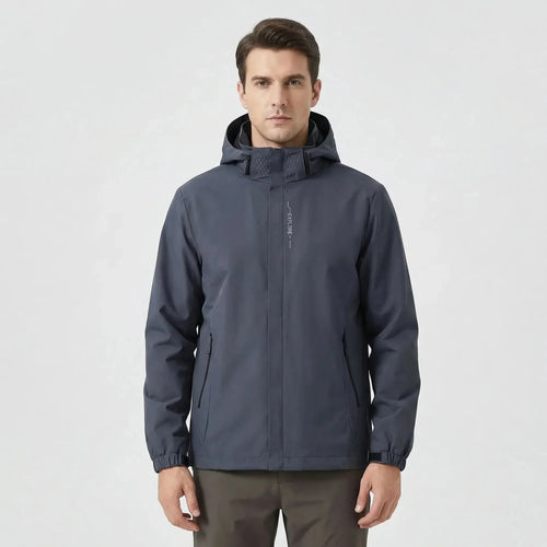 Gray Men's Hooded Waterproof Rain Jacket — Rhiannon Nylon Zip Pockets Windproof - Front Full Studio