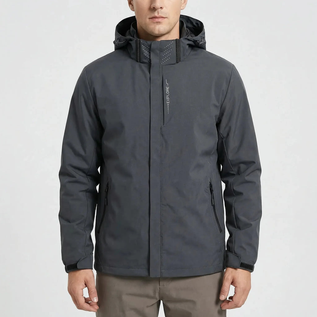 Gray Men's Hooded Waterproof Rain Jacket — Rhiannon Nylon Zip Pockets Windproof - Front Half Body Studio
