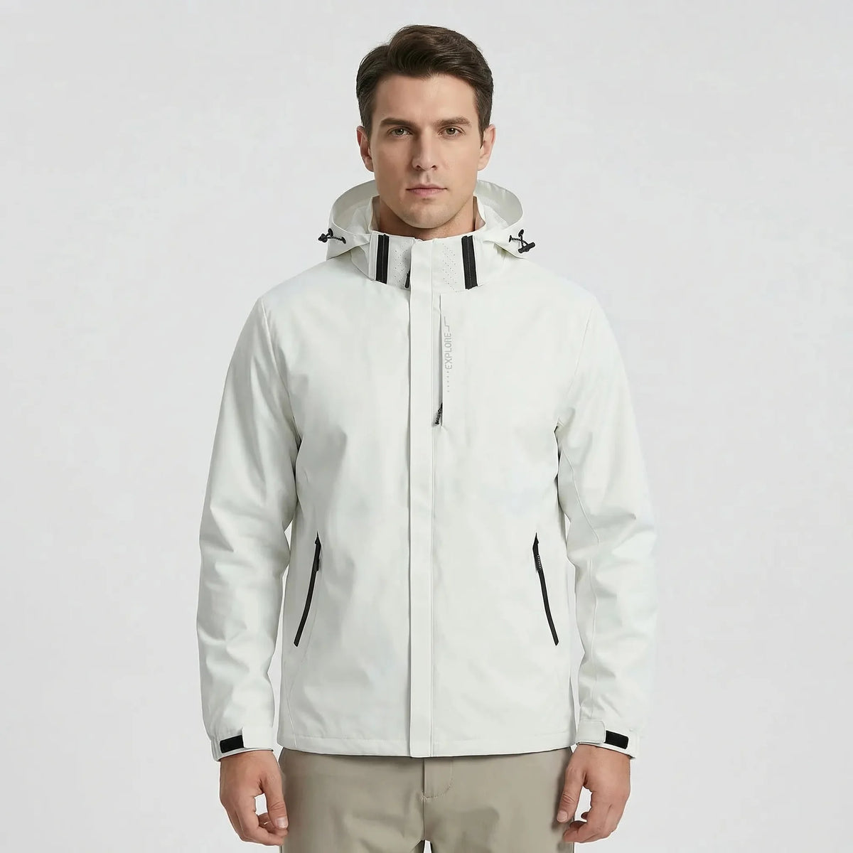 White Men's Hooded Waterproof Rain Jacket - Front Full Studio