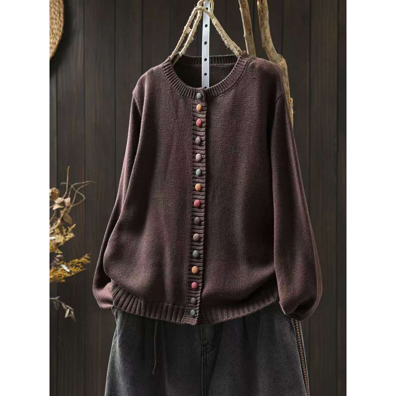 Dark Brown Women's Button-Front Knit Cardigan — Aida Oversized Rainbow-Button Crew Neck