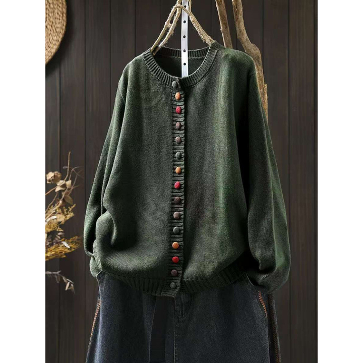 Army Green Women's Button-Front Knit Cardigan — Aida Oversized Rainbow-Button Crew Neck