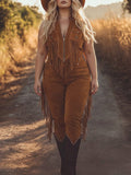 Brown Women's Fringe Suede Jumpsuits — Holly Zip-Up Western Sleeveless
