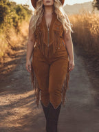 Brown Women's Fringe Suede Jumpsuits