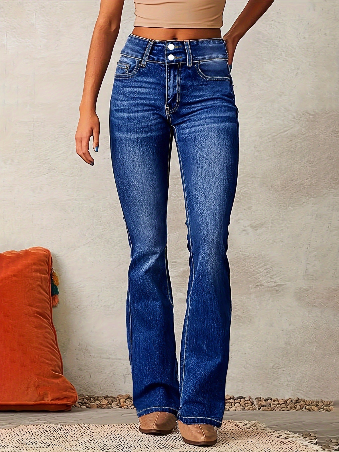 Dark Blue Women's High Waist Bootcut Jeans — Marigold Tailored Double-Button Five-Pocket
