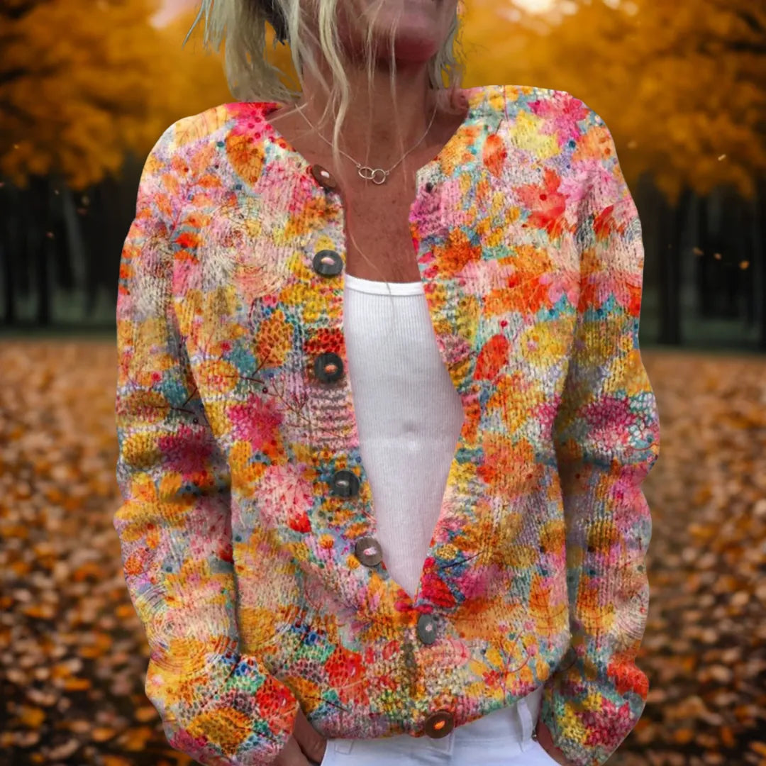 Multi Color Women's Floral Knit Cardigan — Lilah Button-Front Long Sleeve Bohemian - Front Full