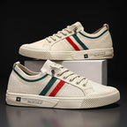 Beige Men's Striped Knit Low-Top Sneakers — Hudson Lace-Up Casual Streetwear - Pair On Box