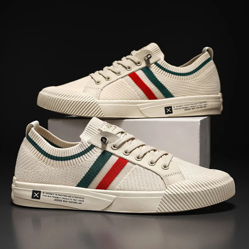 Beige Men's Striped Knit Low-Top Sneakers — Hudson Lace-Up Casual Streetwear - Pair On Box