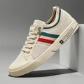 Beige Men's Striped Knit Low-Top Sneakers — Hudson Lace-Up Casual Streetwear - Studio Angle