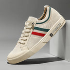Beige Men's Striped Knit Low-Top Sneakers — Hudson Lace-Up Casual Streetwear - Studio Angle