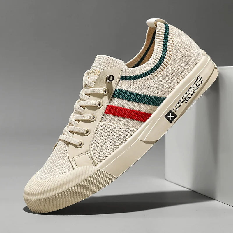 Beige Men's Striped Knit Low-Top Sneakers — Hudson Lace-Up Casual Streetwear - Studio Angle