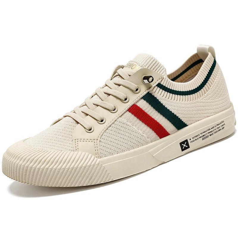 Beige Men's Striped Knit Low-Top Sneakers — Hudson Lace-Up Casual Streetwear - Studio White Bg