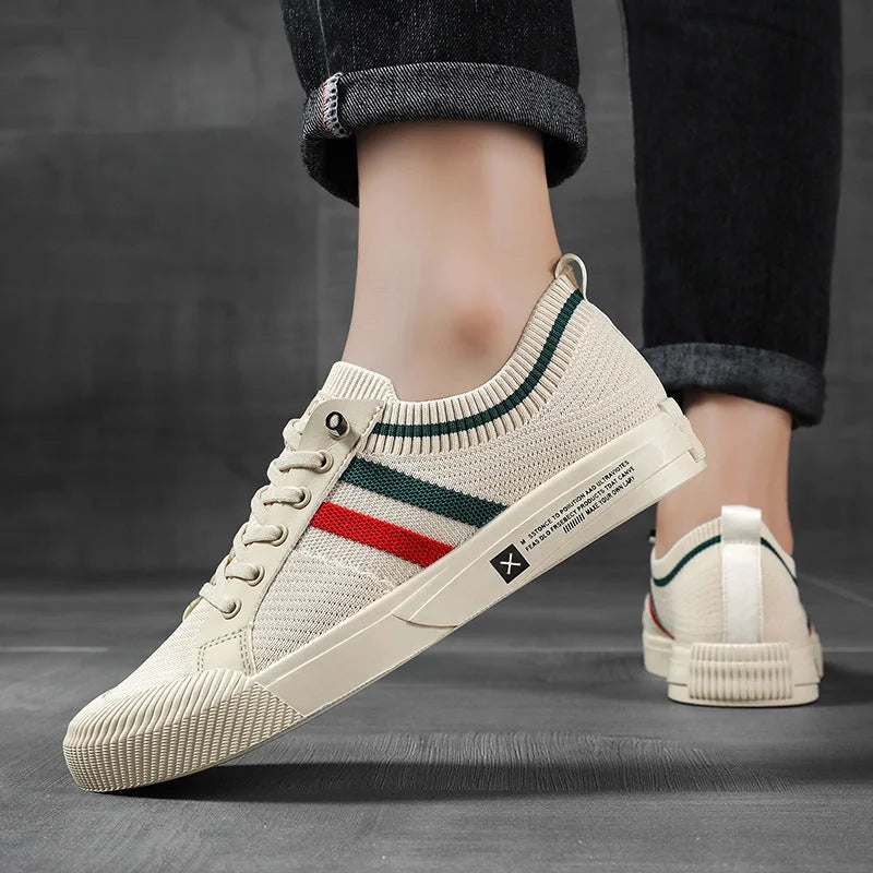 Beige Men's Striped Knit Low-Top Sneakers — Hudson Lace-Up Casual Streetwear - Worn Back Heel