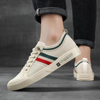 Beige Men's Striped Knit Low-Top Sneakers — Hudson Lace-Up Casual Streetwear - Worn Back Heel