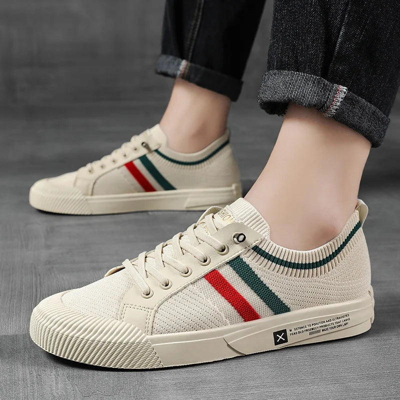 Beige Men's Striped Knit Low-Top Sneakers — Hudson Lace-Up Casual Streetwear - Worn Side View