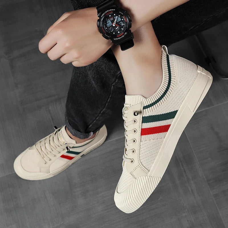 Beige Men's Striped Knit Low-Top Sneakers — Hudson Lace-Up Casual Streetwear - Worn Top Down