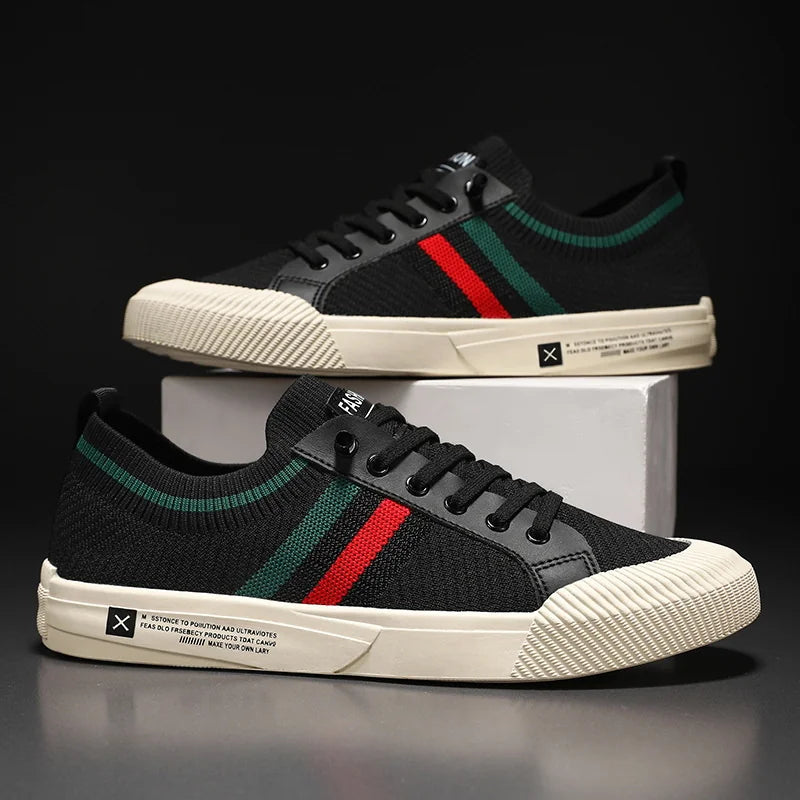 Black Men's Striped Knit Low-Top Sneakers — Hudson Lace-Up Casual Streetwear - Pair Box