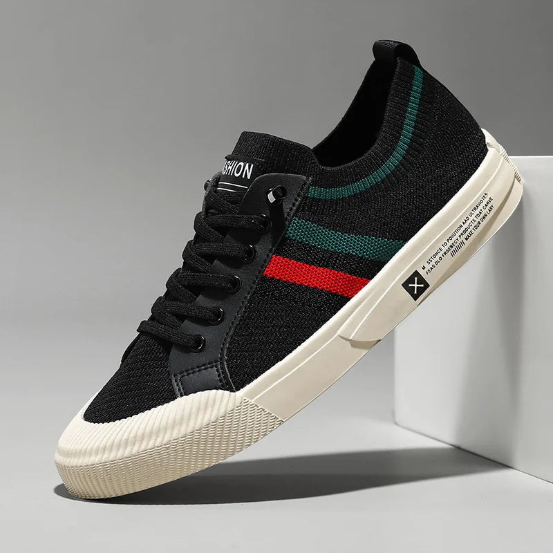 Black Men's Striped Knit Low-Top Sneakers — Hudson Lace-Up Casual Streetwear - Studio Front