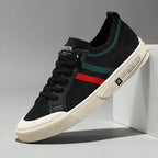 Black Men's Striped Knit Low-Top Sneakers — Hudson Lace-Up Casual Streetwear - Studio Front
