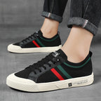 Black Men's Striped Knit Low-Top Sneakers — Hudson Lace-Up Casual Streetwear - Worn Lifestyle